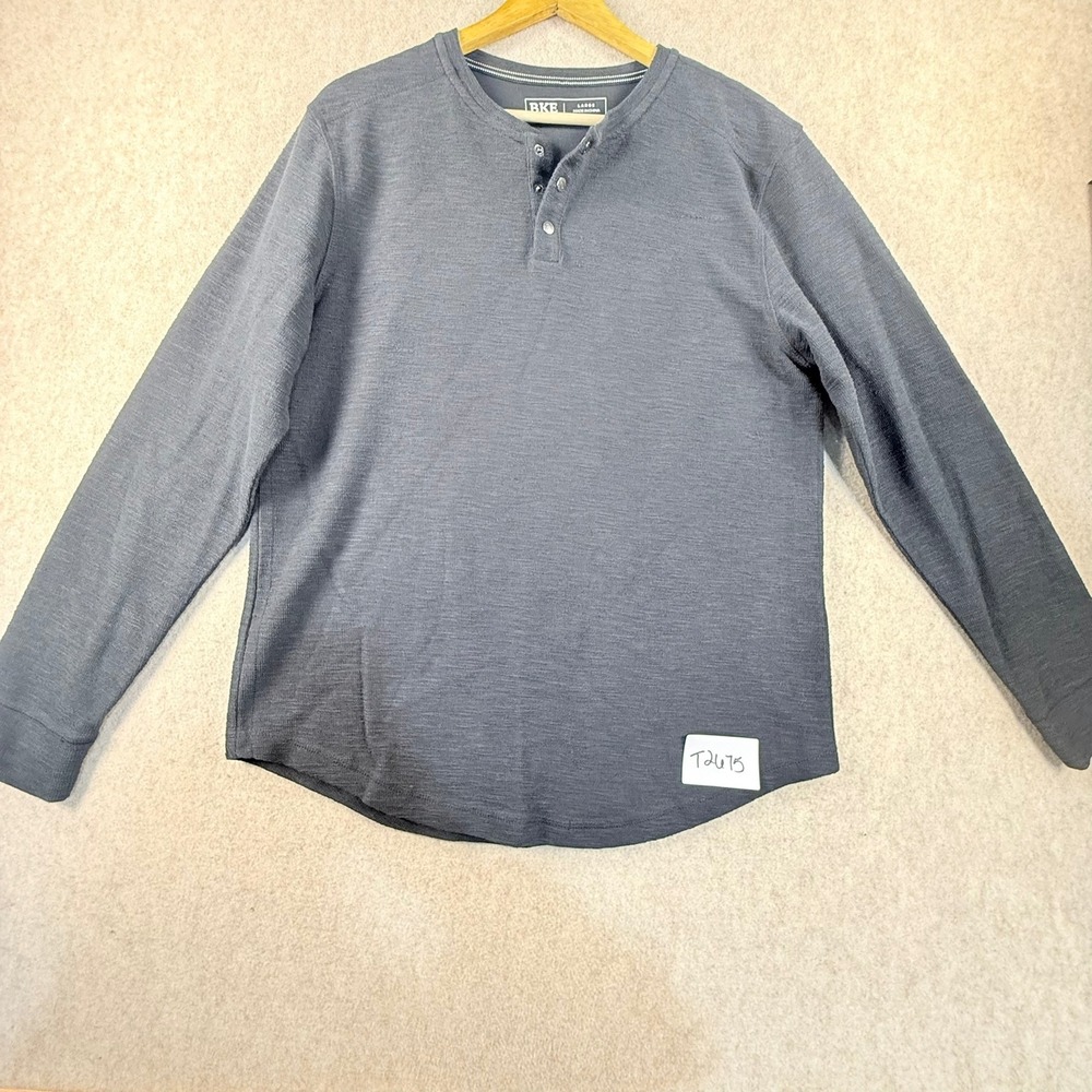 BKE Mens Charcoal Gray Long Sleeve Henley Shirt Size Large Slub Knit Curved Hem